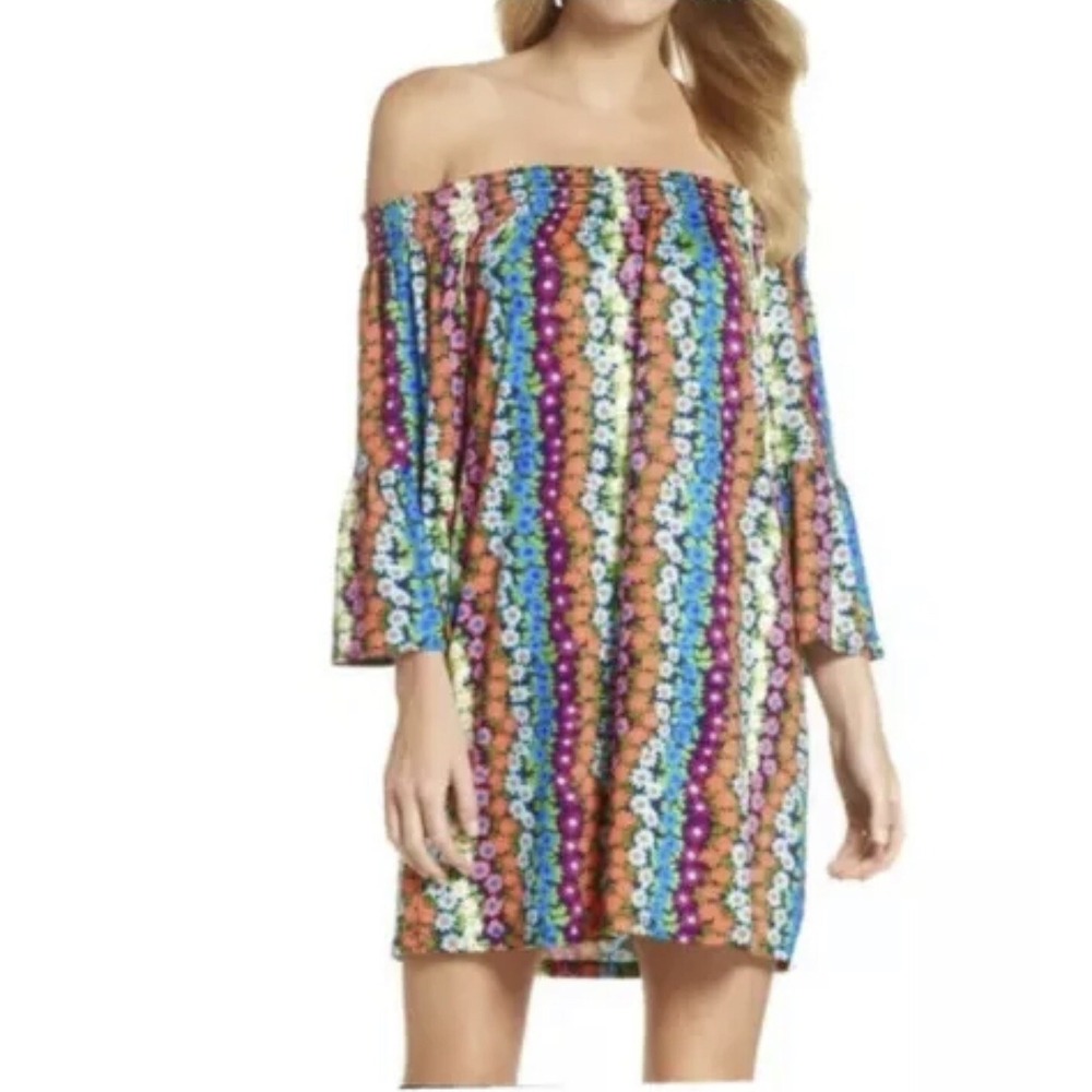 Trina Turk Floral Print Bell Sleeve off the shoulder Dress sz medium